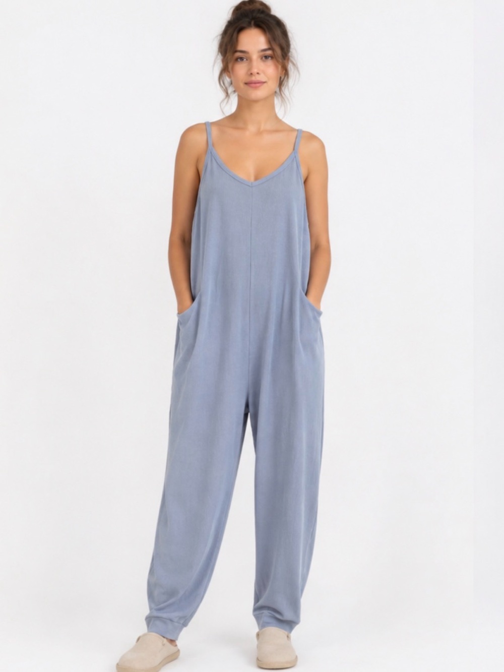 Sincerely Jules Light Blue Sleeveless Athleisure Boho Jumpsuit Romper Large